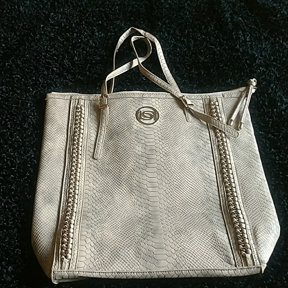 Bebe snakeskin print chain accent tote